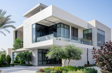 Fototapeta na wymiar odern contemporary villa in Dubai, glass and concrete architecture with lush greenery, front view