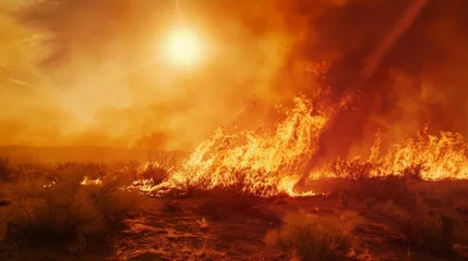 Deurstickers In a parched desert landscape a solar flare ignites a brush fire spreading quickly across the dry terrain. The destructive force of the suns fury reaches even the most desolate © Justlight