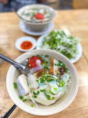 Bun sua or Jellyfish noodles. Jelly flesh is bouncy, crunchy, good to eat with noodles. This meal is original in Nha Trang, a coastal city in Vietnam. Eat a long with vermicelli, fish cake, fish sauce