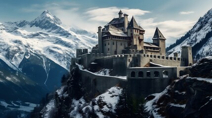 A timeless castle nestled amidst the rugged beauty of the Alps, its weathered stone walls bearing...