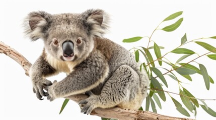 Adorable koala perched on eucalyptus branch, fluffy fur standing out. Conveys cuddly charm and innocence against pristine backdrop.