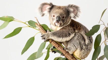 Adorable koala perched on a eucalyptus branch.