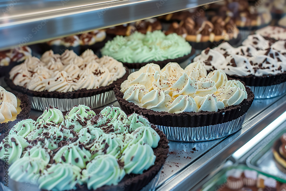 Aufkleber a display of various pies with different frostings and toppings