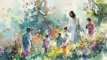 Delightful watercolor depiction of Jesus walking with children in a garden full of life and joy
