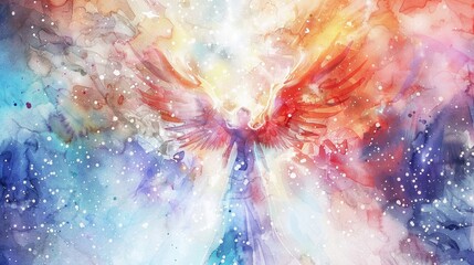 Dreamy watercolor painting of an angelic figure surrounded by celestial light