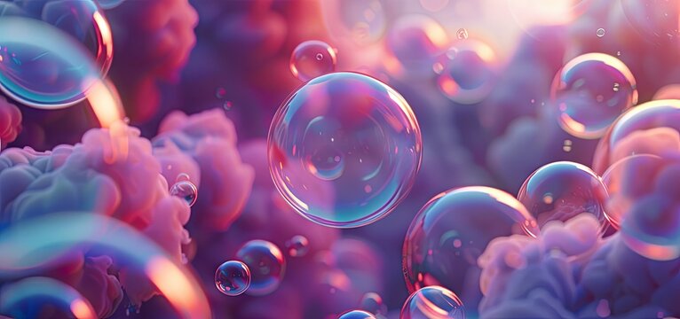 3d photorealistic volumetric sweet chery soap clouds with lots of bubbles and splash on a bright background