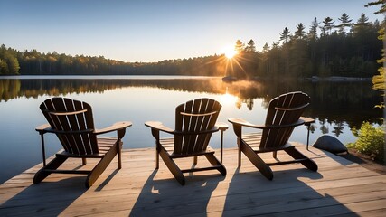 The sunrise casts a warm glow on two empty Adirondack chairs positioned on a dock overlooking a...