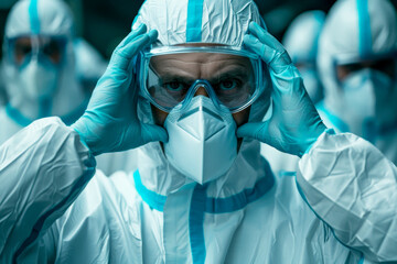 doctor puts protective plastic glasses and face mask against corona virus ,Outbreak, Ebola. generative AI