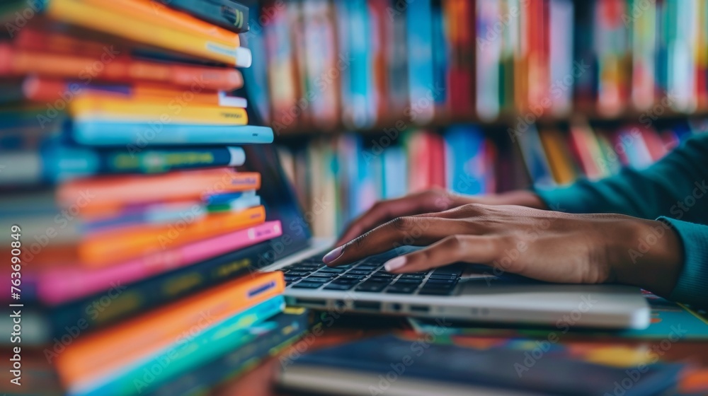 Poster a closeup of a students fingers typing on a laptop keyboard surrounded by various textbooks and note