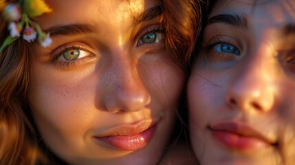 Two young women with natural makeup and freckles standing close together with gentle, sunlit ambiance highlighting their features. Beauty and skincare with focus on natural beauty.