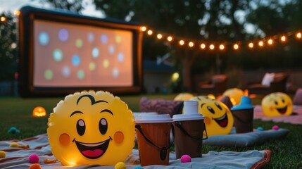 Emoji Movie Night. Outdoor cinema under the stars with emoji-themed snacks and cozy blankets.