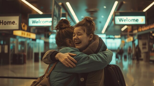 Emotional reunion of two lifelong friends at a bustling airport terminal, capturing intimate close-ups and warm, natural light amidst laughter and tears of joy.