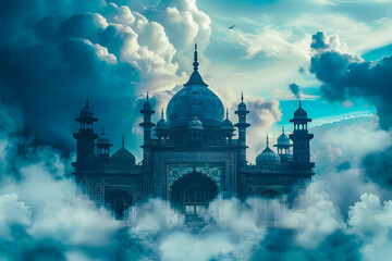 Islamic greeting Eid Mubarak cards with blue mosque in the sky with clouds, moon and stars. Ramadhan Kareem background and eid mubarak