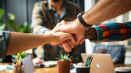 Hands of business colleagues stacking hands in office