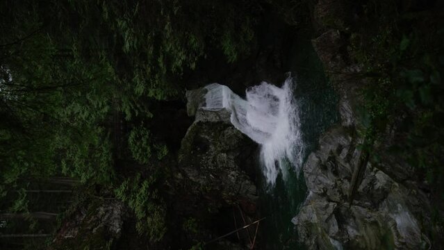 vertical shot of twin fall bridge in Lynn Canyon Park near Vancouver city at slow motion, british columbia, canada