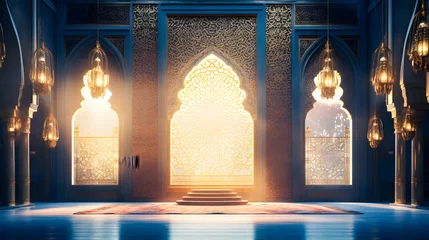 Fotobehang Ramadhan eid mubarak bakcground mosque praying hall with spiral pillars of stones and roof tiling illuminated with sunlight.  © Iwankrwn