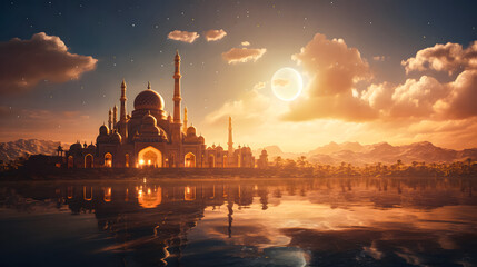 Mosque background for Ramadan and Eid Mubarak greetings. Beautiful sunrise Mosque with colorful clouds	
