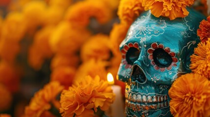 Dia de los Muertos Celebration. Colorful display of intricate sugar skulls, marigold flowers, and candles adorning a vibrant banner, honoring the rich cultural heritage of this Mex