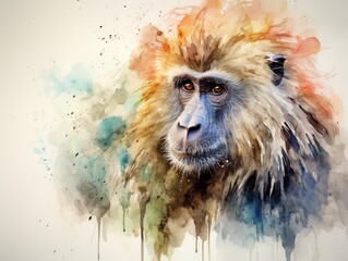 Baboon, water color, drawing, vibrant color, cute