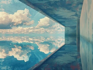 A surreal landscape where the ocean meets the sky in a seamless mirror reflection, challenging the perception of horizon,