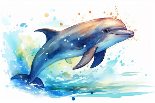 Dolphin, water color, drawing, vibrant color, cute