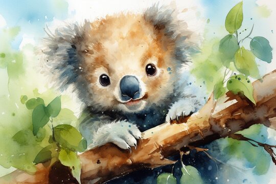 Koala, water color, drawing, vibrant color, cute