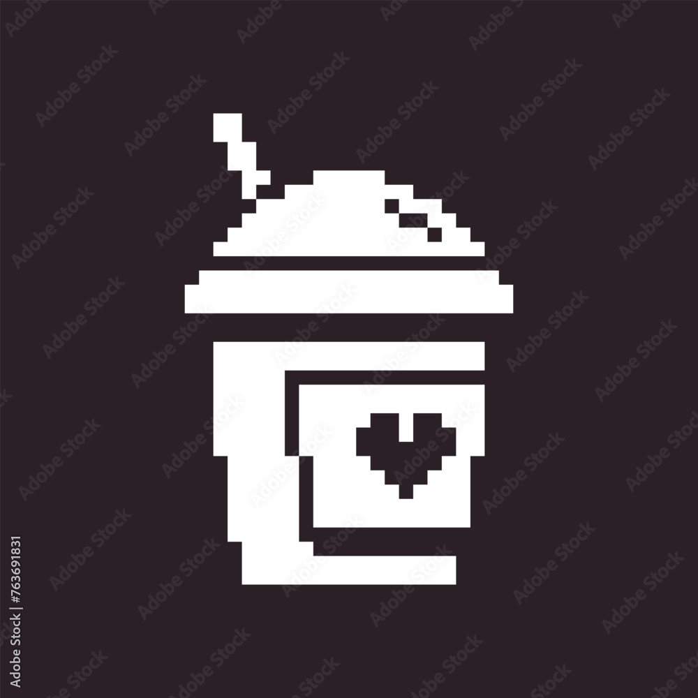 Wall mural black and white simple flat 1bit vector pixel art icon of paper cup with lid and straw for coffee