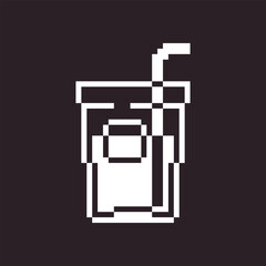 black and white simple flat 1bit vector pixel art icon of glass of cool drink with straw