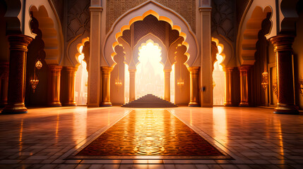 Ramadhan eid mubarak bakcground mosque praying hall with spiral pillars of stones and roof tiling illuminated with sunlight.	