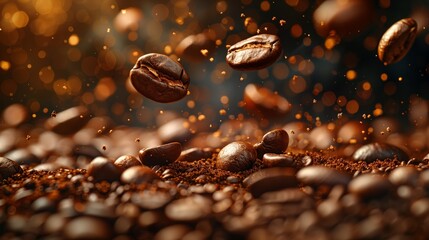 Floating Coffee Beans with Golden Glitter. Coffee beans float dynamically mid-air with a cascade of golden glitter, invoking the vitality and magic of coffee in motion.