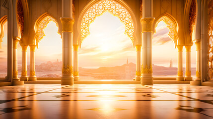 Ramadhan eid mubarak bakcground mosque praying hall with spiral pillars of stones and roof tiling illuminated with sunlight.	 - obrazy, fototapety, plakaty