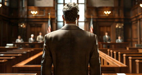 Obraz premium Lawyer standing in court, view from behind