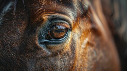 Capturing the serene essence of a horse's soul through the gentle gaze of its eyes against a soft, natural backdrop.