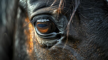 Capturing the essence of tranquility, a horse's eyes reveal a serene spirit against a soft, natural backdrop. - obrazy, fototapety, plakaty
