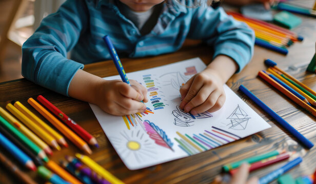 a child drawing on paper with crayons, creating colorful drawings and sketches of people