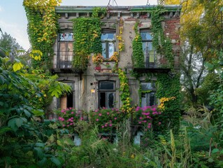An image capturing the beauty of urban decay, where nature reclaims a dilapidated building with vines and flowers,