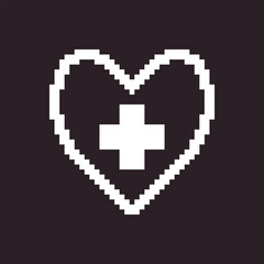 black and white simple flat 1bit vector pixel art icon of abstract heart with medical cross inside