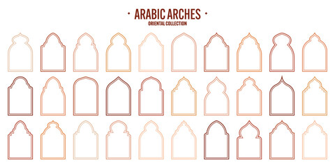 Islamic frames, oriental style objects. Arabic shapes, windows and arches. Traditional ornamental banner, frame. Muslim holidays, Ramadan Kareem. Modern eastern architecture. Vector illustration