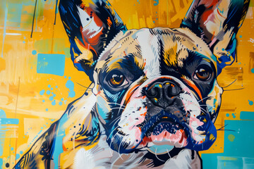 Adorable French bulldog puppy in pop art style painting, minimal. Digital illustration generative AI - obrazy, fototapety, plakaty