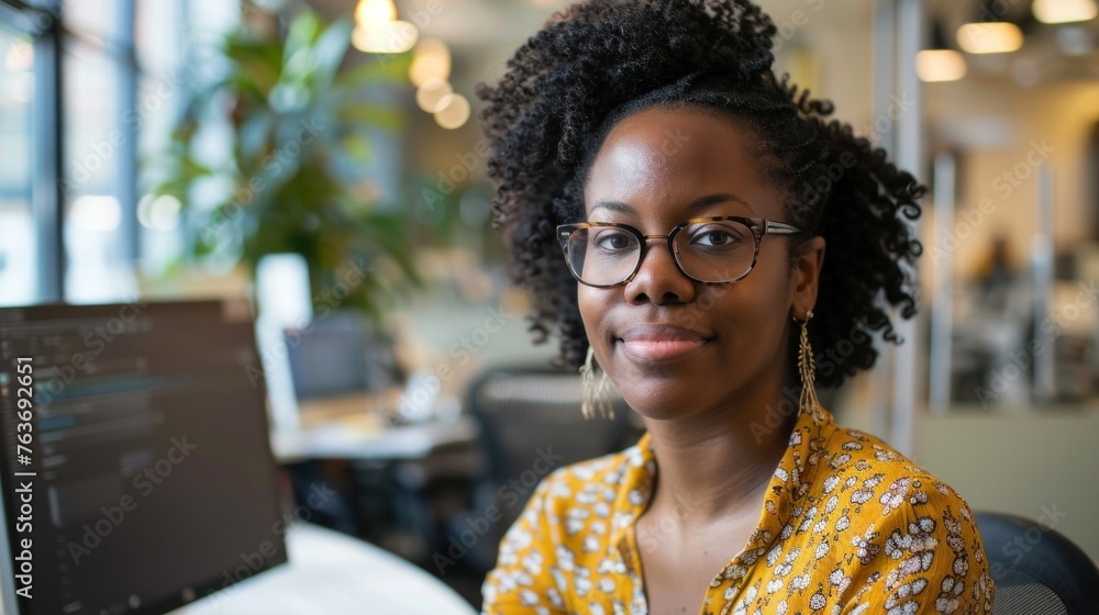 Poster black woman working efficiently with digital data systems in an office setting.