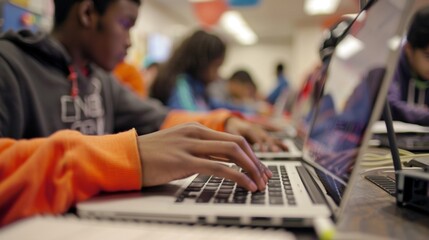 A closeup of a students hands typing away on a laptop in their coding class surrounded by other students working on their own coding projects.