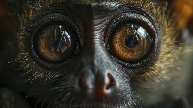 Capturing the nocturnal enchantment of Africa's tiny primate through an intense gaze at a bush baby's wide-eyed wonder.