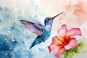 A hummingbird is depicted in a painting of a flower