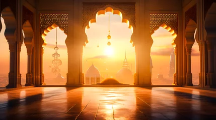 Deurstickers Ramadhan eid mubarak bakcground mosque praying hall with spiral pillars of stones and roof tiling illuminated with sunlight. © Iwankrwn