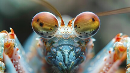 Capturing the mesmerizing hues and exceptional sight of a mantis shrimp through a macro lens reveals its predatory brilliance. - obrazy, fototapety, plakaty