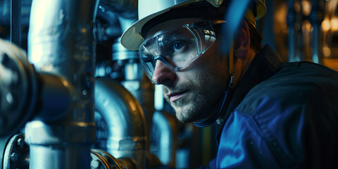 an engineer working on a gas maze, wearing safety glasses and a hard hat, generative AI
