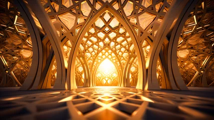Fotobehang Ramadhan eid mubarak bakcground mosque praying hall with spiral pillars of stones and roof tiling illuminated with sunlight. mosque arcitecture © Iwankrwn