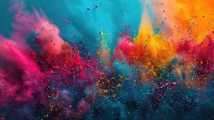 Fotobehang Holi color paint splatter powder festival explosion burst powder wide background © Ferdous