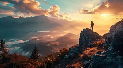 A person stands atop a rocky outcrop, overlooking a dramatic mountain landscape during sunset. The...