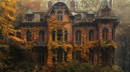 The image shows an ornately designed Victorian-style mansion overtaken by nature. The red-brick building features intricate woodworks on eaves and gables, decorative trim, and sprawling ivy. Much of t - obrazy, fototapety, plakaty